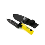 A black serrated digger with a bright yellow handle and a black nylon sheath, shown on a plain white background. The brand logo 'CKG' is visible on both the digger handle and the sheath.