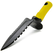 Serrated digger with yellow handle and black blade on a white background