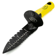 Black and yellow soil probe digger with measurement markings on a white background