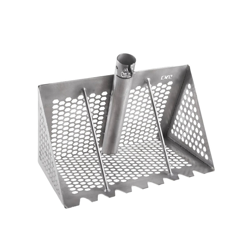 A stainless steel sand rake sifter blade with a central vertical shaft and side guide rods, featuring a perforated design and the brand name 'CKG' printed on the side, set against a plain white background.
