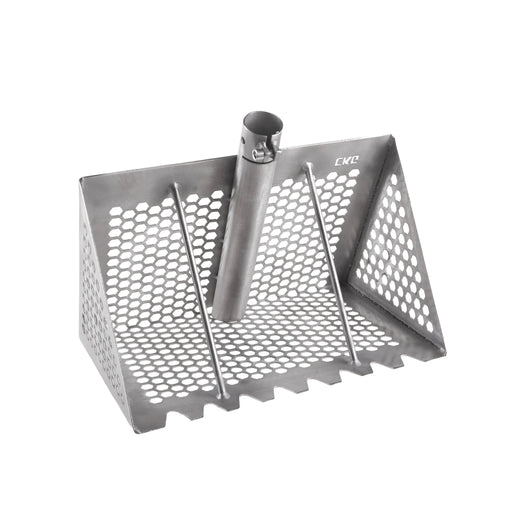 A stainless steel sand rake sifter blade with a central vertical shaft and side guide rods, featuring a perforated design and the brand name 'CKG' printed on the side, set against a plain white background.