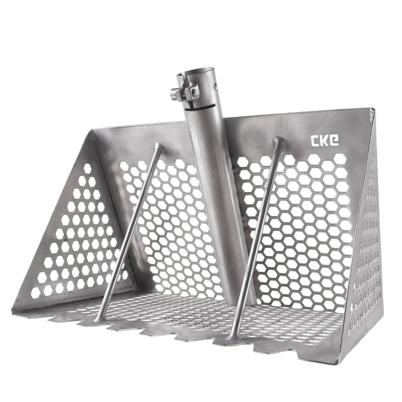 A metallic  sand rake s sifter with a hexagonal perforated design, a central vertical post, and two angled support rods, shown on a plain white background. The brand name 'CKG is printed on the side.