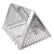 A triangular metal  sand rake sifter with a honeycomb perforated pattern and serrated edges, shown on a plain white background.
