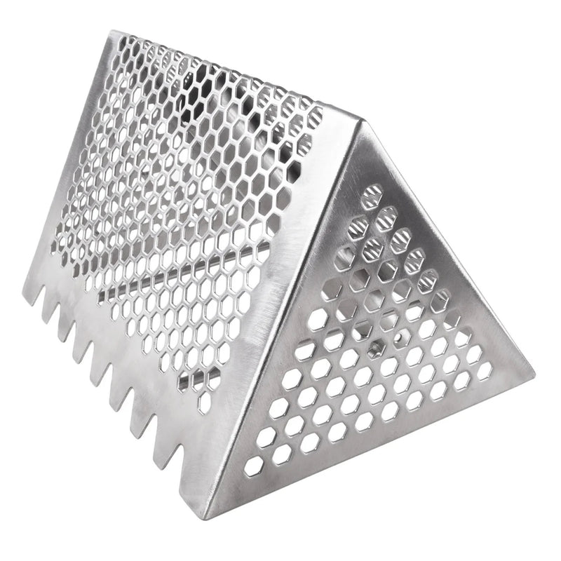 A triangular metal  sand rake sifter with a honeycomb perforated pattern and serrated edges, shown on a plain white background.