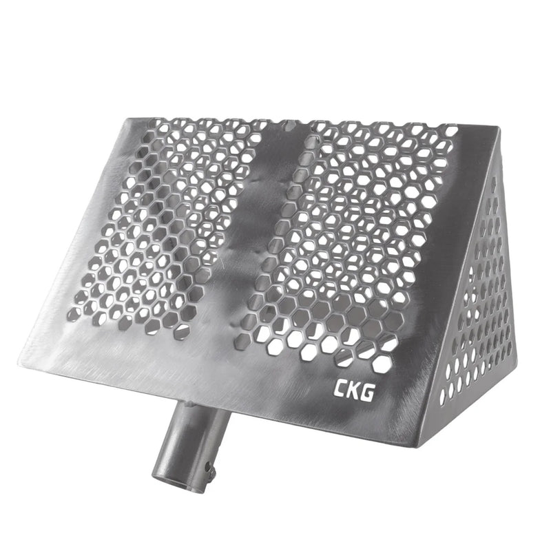 A triangular metal  sand rake sifter with a honeycomb perforated pattern, featuring a cylindrical mounting stem at the bottom and the brand name 'CKG' printed on the side, set against a plain white background.