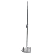 A long-handled metal  sand rake sifter with a black handle and a silver shown against a plain white background.