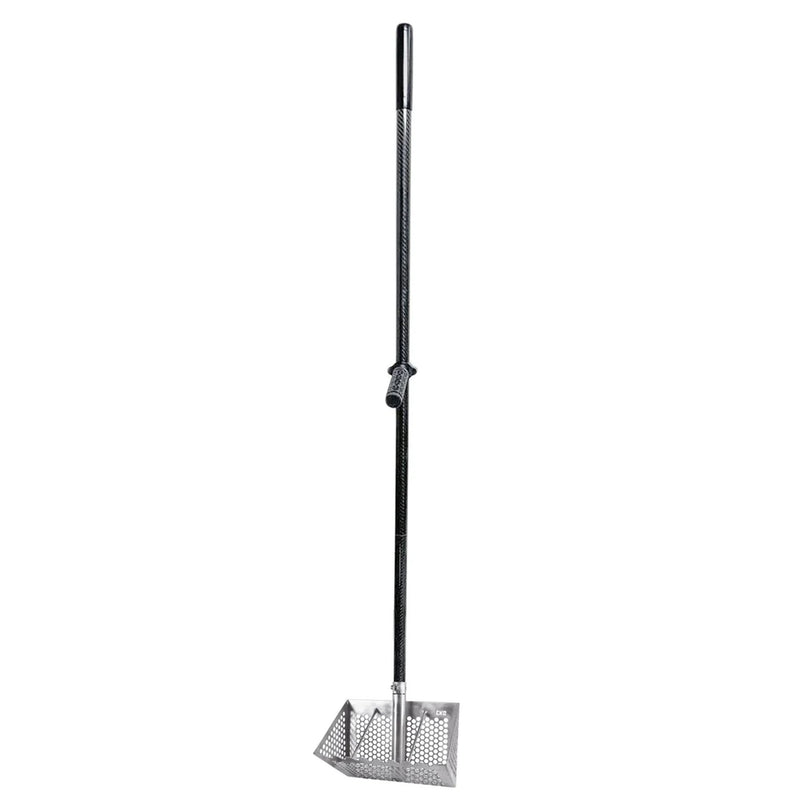 A long-handled metal  sand rake sifter with a black handle and a silver shown against a plain white background.
