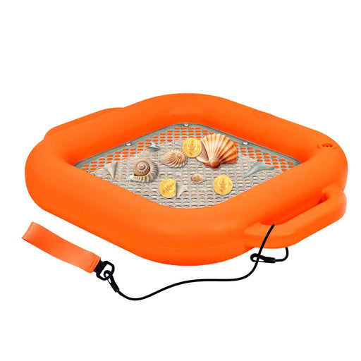 An inflatable orange  floating sifter with a gray mesh center, decorated with seashells and coins, featuring a carrying strap and black leash on a white background.