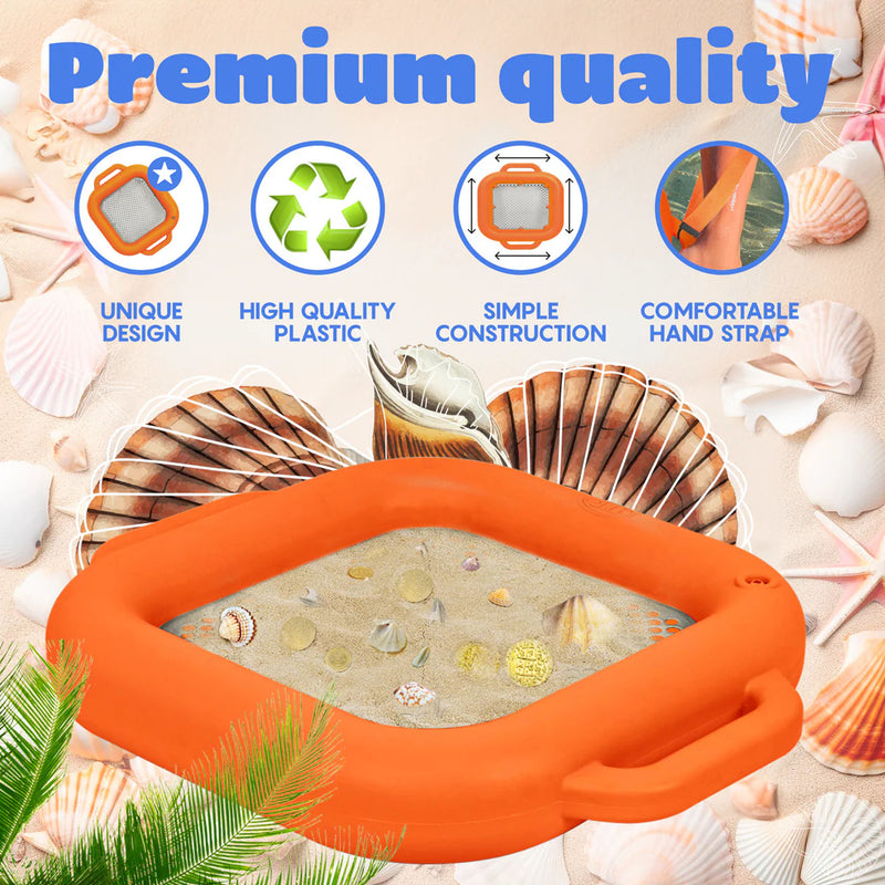 An orange inflatable sand tray with integrated handles, shown filled with sand and surrounded by seashells on a light beige background. The image includes marketing text reading 'Premium quality' and four feature icons for unique design, high quality plastic, simple construction, and comfortable hand strap.