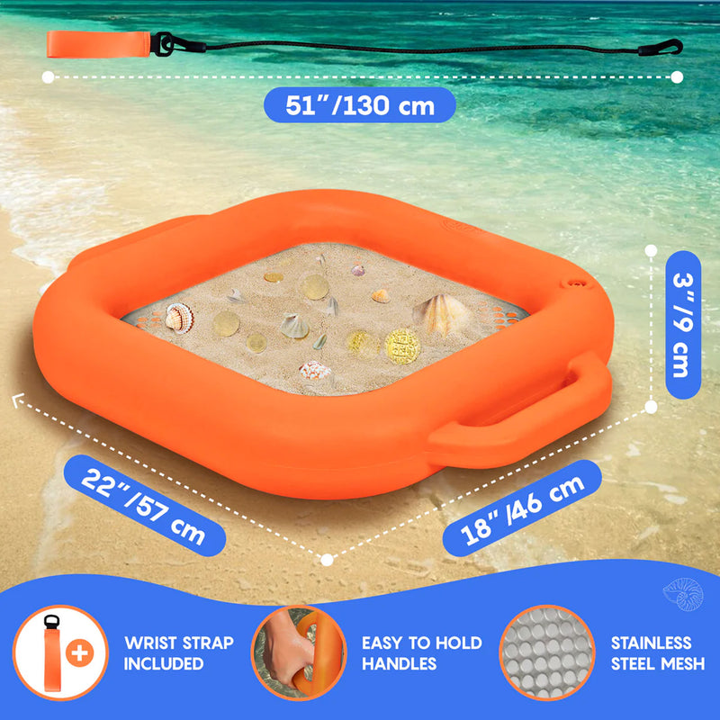 An inflatable orange beach sand floating sifter with a wrist strap, shown on a sandy beach with ocean water in the background. White dotted lines and blue measurement labels indicate dimensions: 51 inches (130 cm) in length, 22 inches (57 cm) in width, and 18 inches (46 cm) in depth.