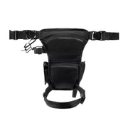 Black tactical leg harness with multiple adjustable straps, mesh pockets, and a quick-release buckle, shown against a plain white background.