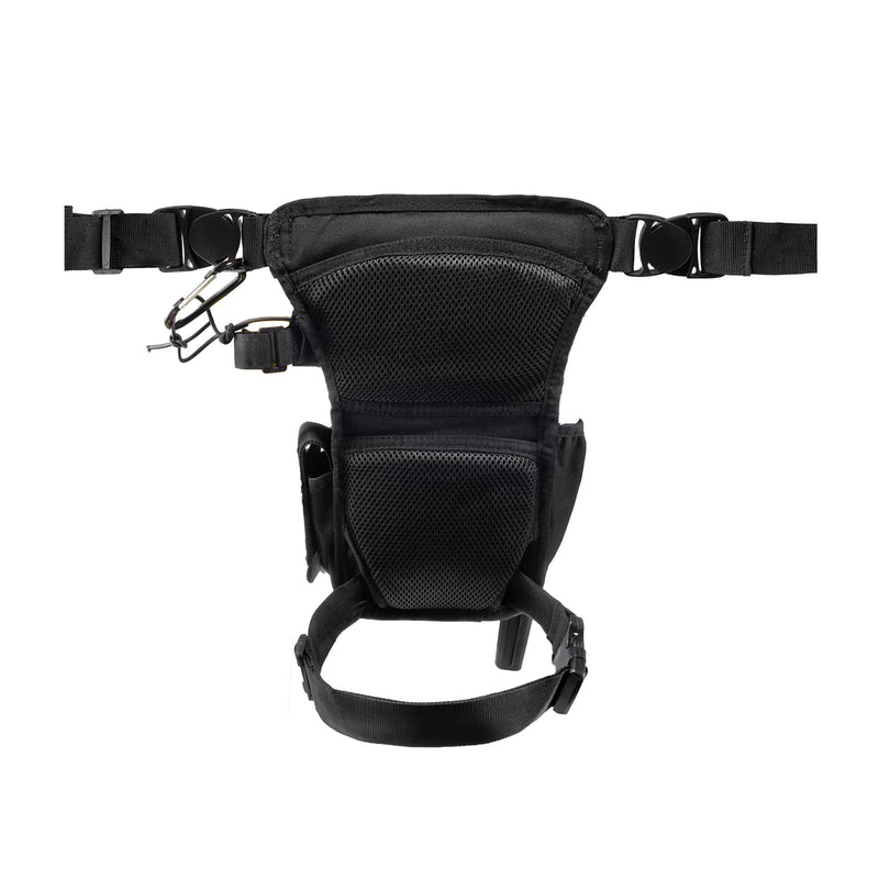 Black tactical leg harness with multiple adjustable straps, mesh pockets, and a quick-release buckle, shown against a plain white background.