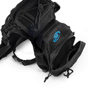 A black tactical leg pouch with an open front pocket showing a storage compartment, featuring a blue and white CKG logo on the side, set against a plain white background.
