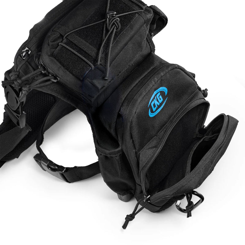 A black tactical leg pouch with an open front pocket showing a storage compartment, featuring a blue and white CKG logo on the side, set against a plain white background.