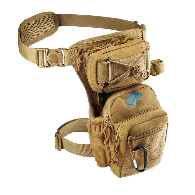 A tan tactical leg bag with multiple zippered compartments, a padded strap, and a blue logo on the front pocket, shown against a plain white background.