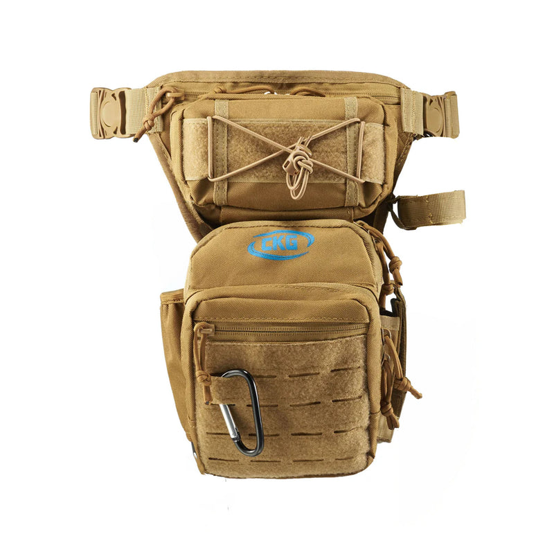 A tan tactical belt bag with two attached pouches, featuring a blue oval logo on the front of the lower pouch and a black carabiner clip on the side, shown against a plain white background.