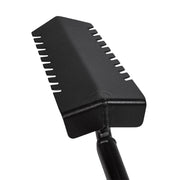 Black metal shovel head with a textured handle on a white background