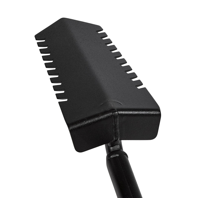Black metal shovel head with a textured handle on a white background