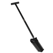 A black metal shovel with a long handle and a wide, toothed blade, shown diagonally on a plain white background.