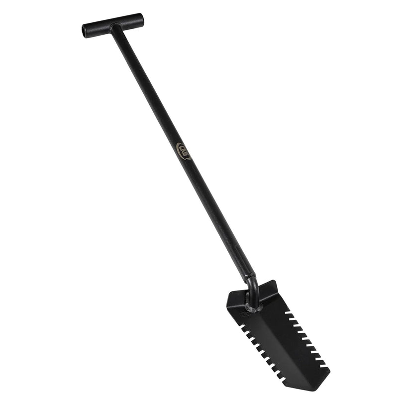 A black metal shovel with a long handle and a wide, toothed blade, shown diagonally on a plain white background.