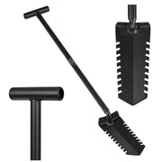 Black metal shovel showing a T-handle with angled teeth, a close-up of the T-handle, and a close-up of the textured blade with vertical teeth, on a white background.
