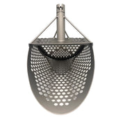 Scoop with a perforated hexagonal pattern, suspended from a central metal pole against a plain white background.