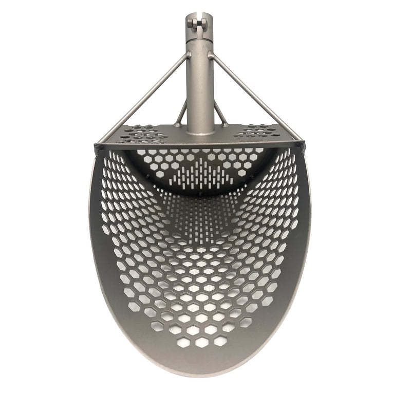 Scoop with a perforated hexagonal pattern, suspended from a central metal pole against a plain white background.
