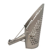 Scoop with a perforated hexagonal pattern, side view.