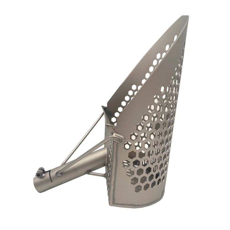 Scoop with a perforated hexagonal pattern, side view.