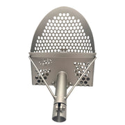 Scoop with a perforated hexagonal pattern, front view.