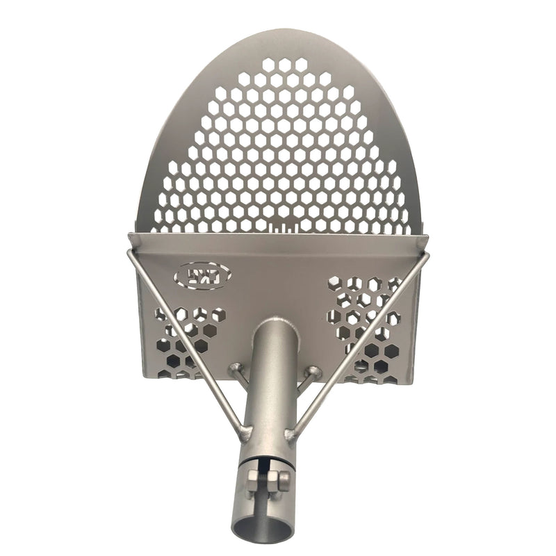 Scoop with a perforated hexagonal pattern, front view.
