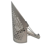 Scoop with a perforated hexagonal pattern, side view.
