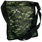 Camouflage bag with a black strap on a white background