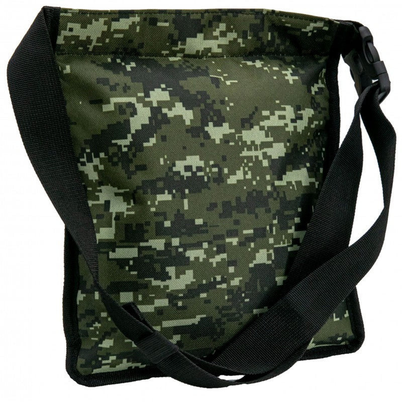 Camouflage bag with a black strap on a white background