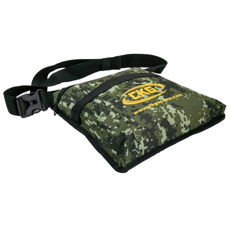 Camouflage bag with a black strap on a white background