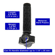 A black pull handle with a textured grip tape pattern, shown with informational text overlays detailing its dimensions, weight, and compatibility.