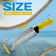 sand scoop with yellow handle and measurements on a blue background