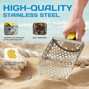 Metal sand scoop n on sand, highlighting high-quality stainless steel construction.