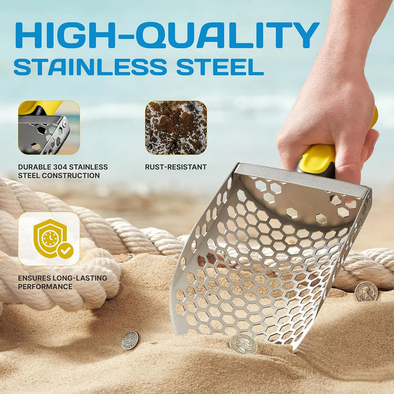 Metal sand scoop n on sand, highlighting high-quality stainless steel construction.