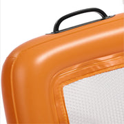 Close-up of an orange floatable sifter with a black handle on a white background