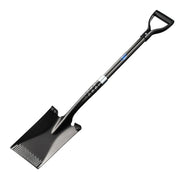 A black metal spade with a long handle and D-grip handle, shown diagonally on a plain white background.