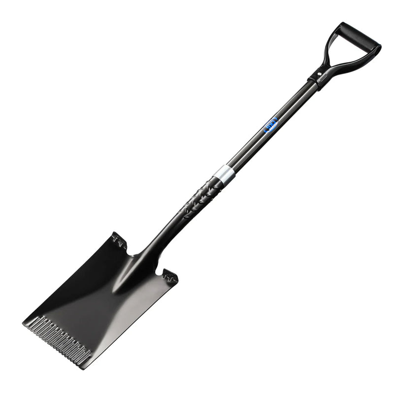 A black metal spade with a long handle and D-grip handle, shown diagonally on a plain white background.