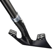 Close-up of a black metal shovel with a textured handle and silver collar, shown on a plain white background.