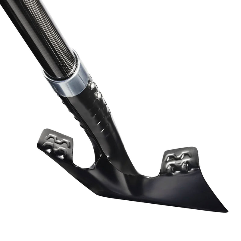 Close-up of a black metal shovel with a textured handle and silver collar, shown on a plain white background.