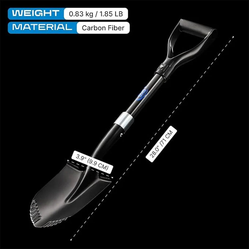 Black shovel with measurements and material information on a black background