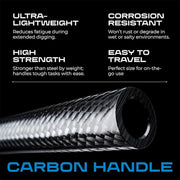A carbon fiber handle shown diagonally on a black background with marketing text highlighting ultra-lightweight, corrosion-resistant, high strength, and easy-to-travel benefits.