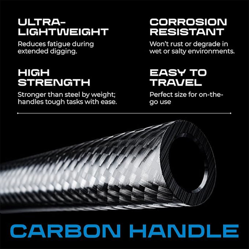 A carbon fiber handle shown diagonally on a black background with marketing text highlighting ultra-lightweight, corrosion-resistant, high strength, and easy-to-travel benefits.