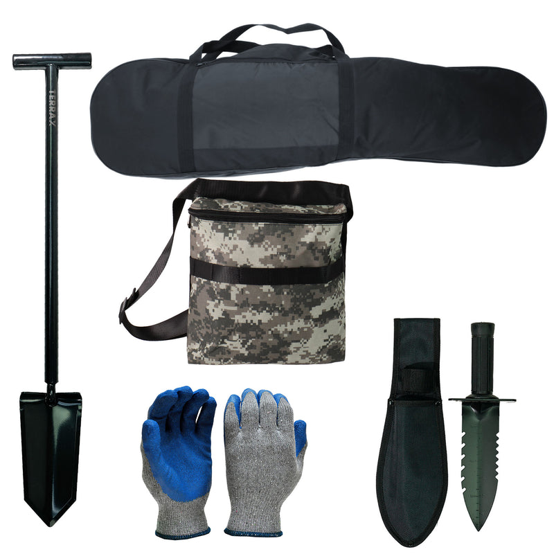 Metal Detecting Kit - 34"Shovel, Carry Bag, Gloves, Finds Pouch, and Digger with Holster