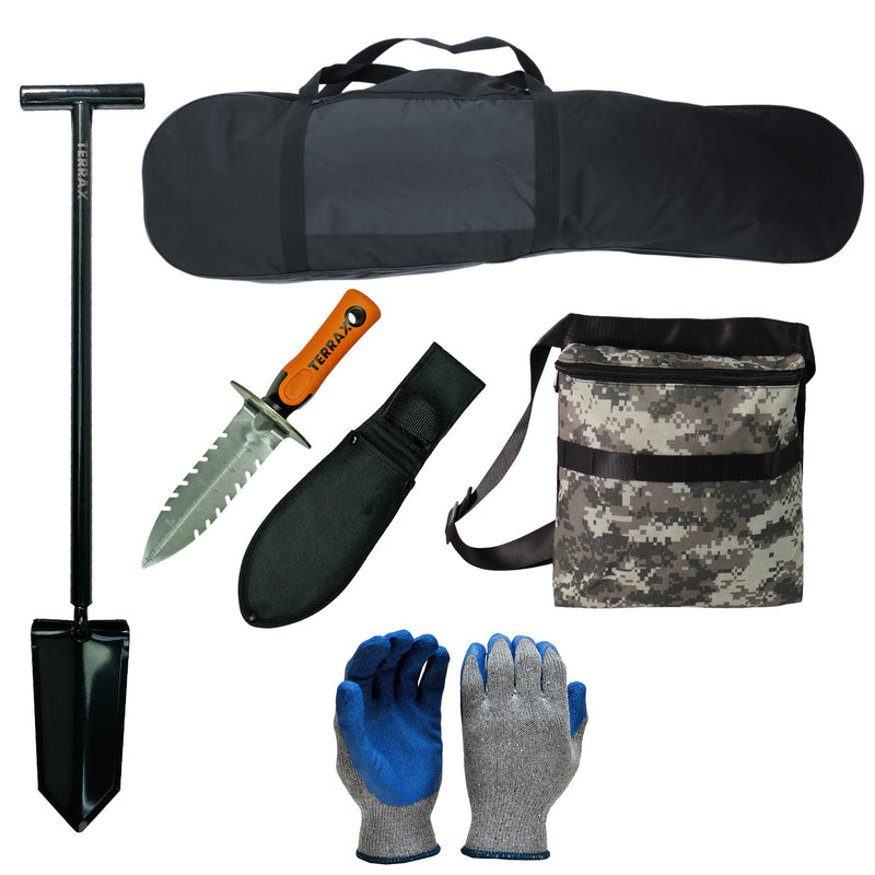 Metal Detecting Kit - 34"Shovel, Carry Bag, Gloves, Finds Pouch, and Digger with Holster