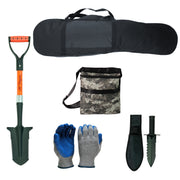 A gardening tool kit laid out on a white background, including a green and orange shovel, a black carrying bag, a camouflage pouch, blue-and-gray gloves, a black sheath, and a small hand tool.